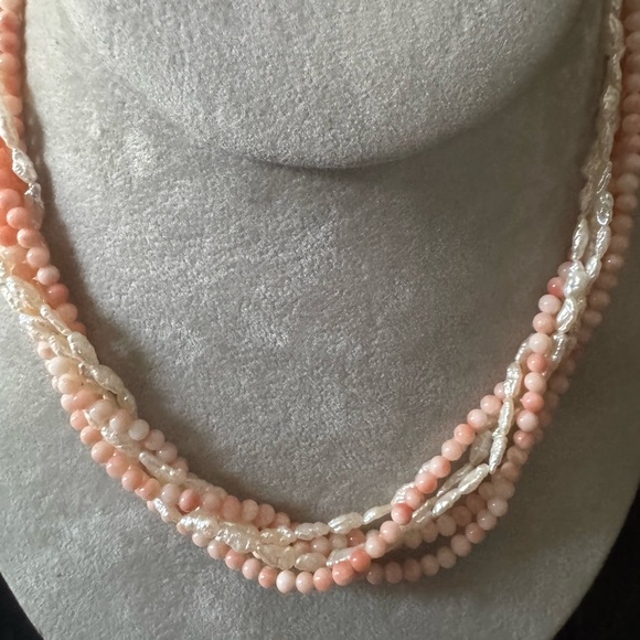 14K 6-Strand Coral & Cultured Freshwater Rice Pearl Torsade choker Necklace 15~